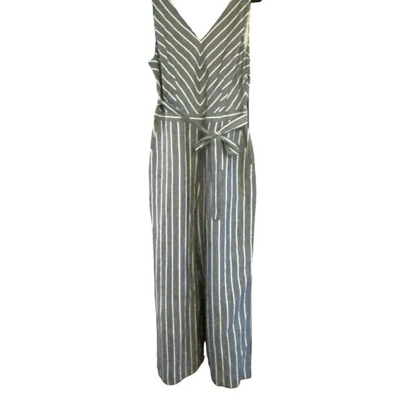 Loft Women's Charcoal Gray V-Neck Linen Blend Striped Jumpsuit Size 10 NWT - Picture 2 of 5